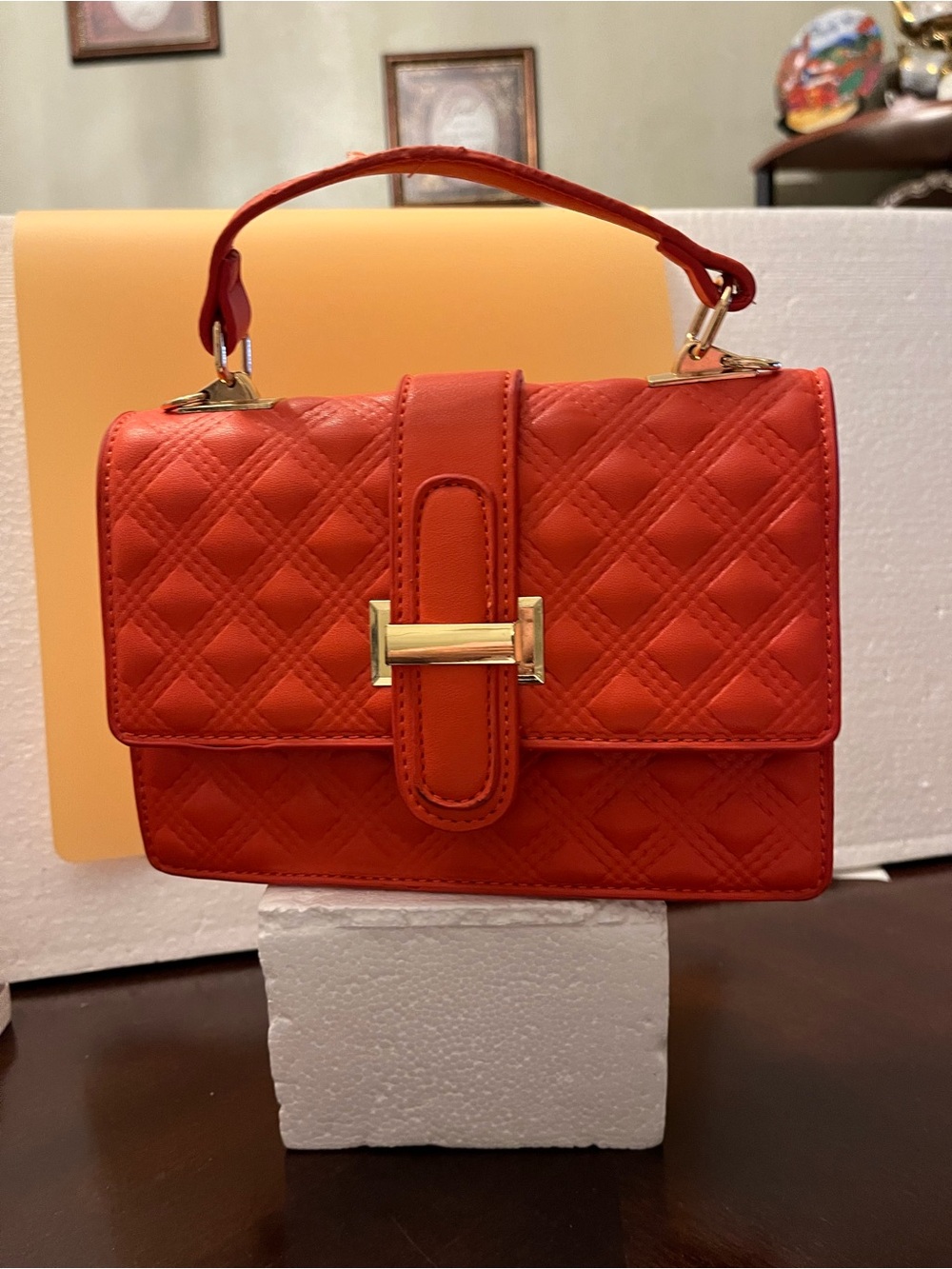 Faux Quilted Orange Top-Handle Women's Handbag